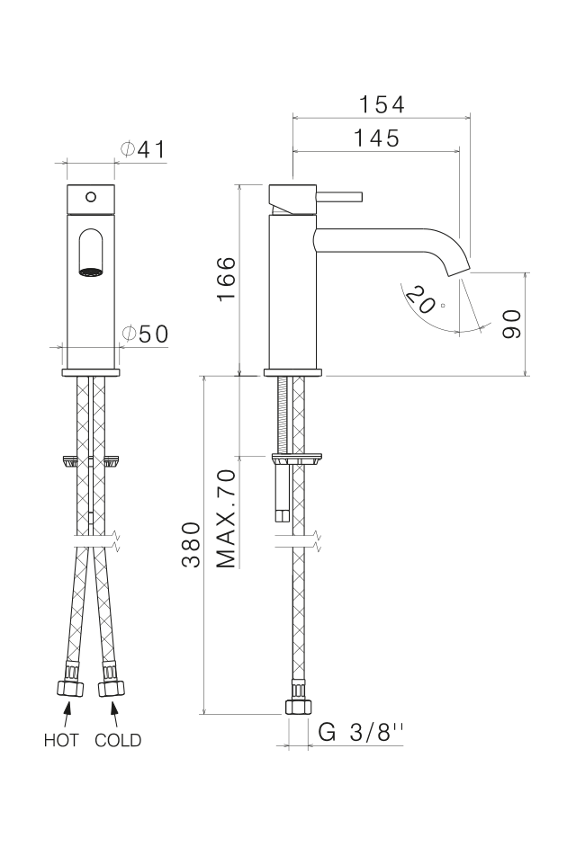 Disegno tecnico Vema V17011 - Miscelatore lavabo Tiber Steel senza scarico