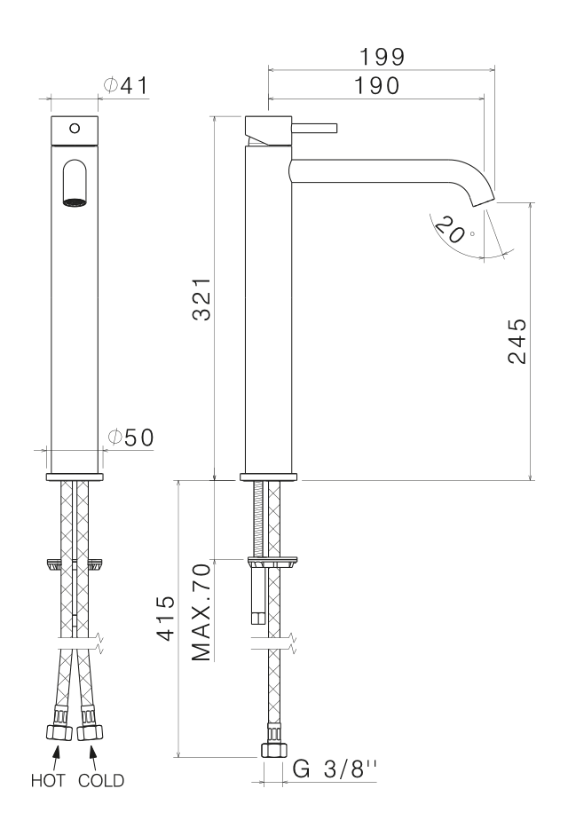 Disegno tecnico Vema V17021 - Miscelatore lavabo Tiber Steel alto senza scarico