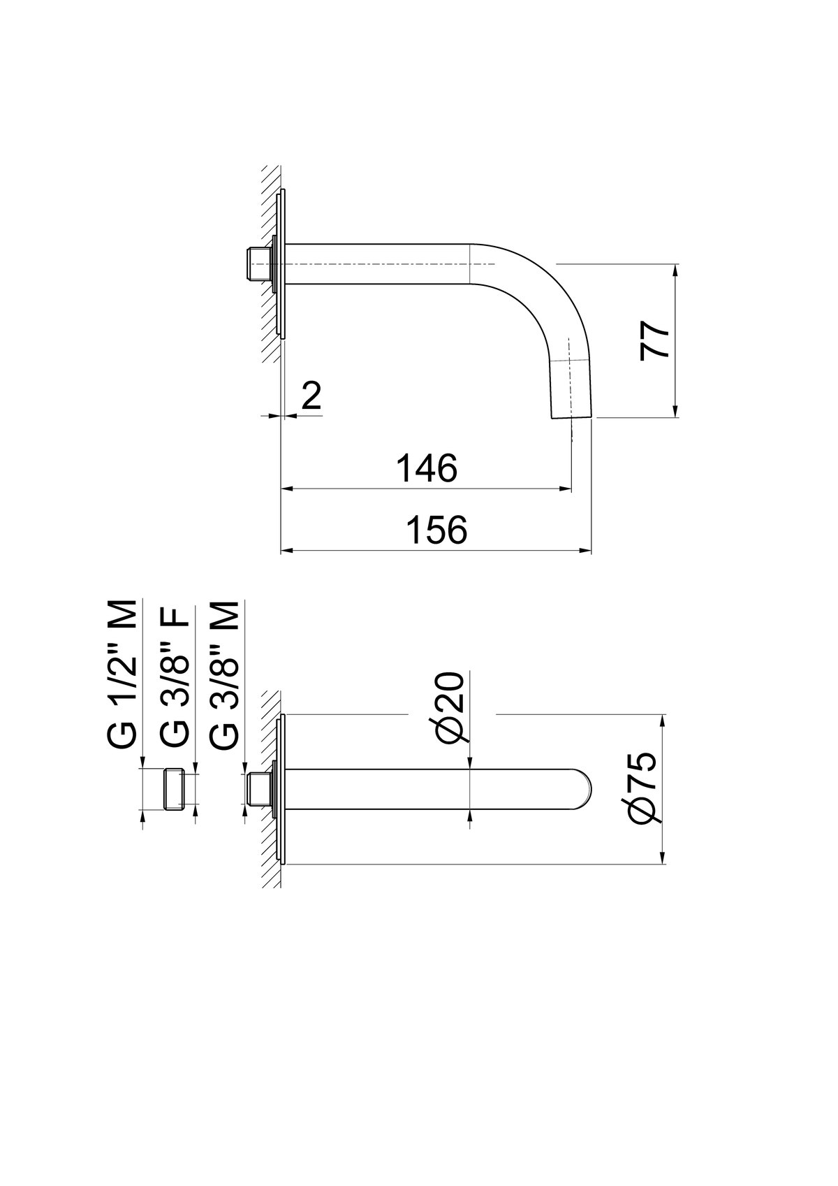 Disegno tecnico Vema V17054 - Bocca erogazione a parete 146 mm