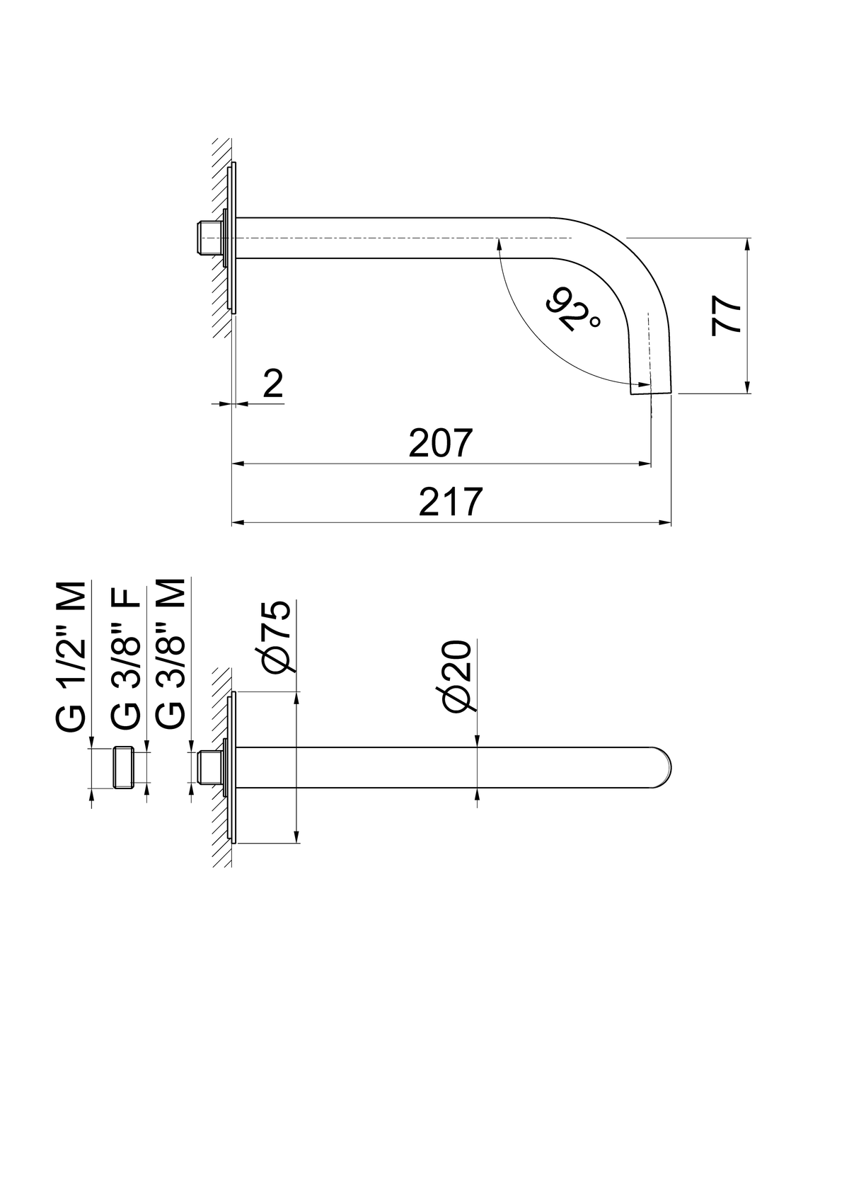 Disegno tecnico Vema V17055 - Bocca erogazione a parete 207 mm