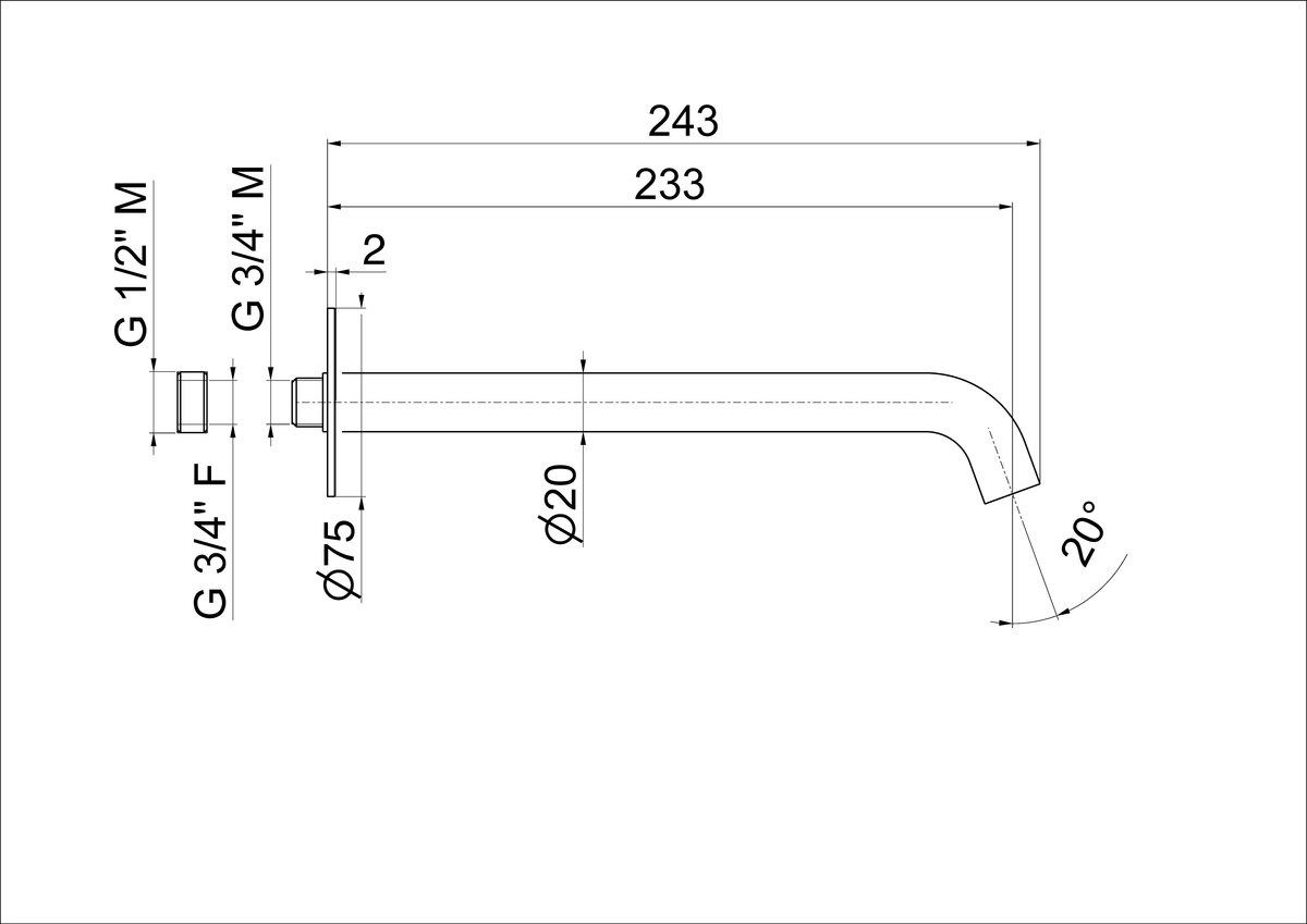 Disegno tecnico Vema V17056 - Bocca erogazione a parete 233 mm