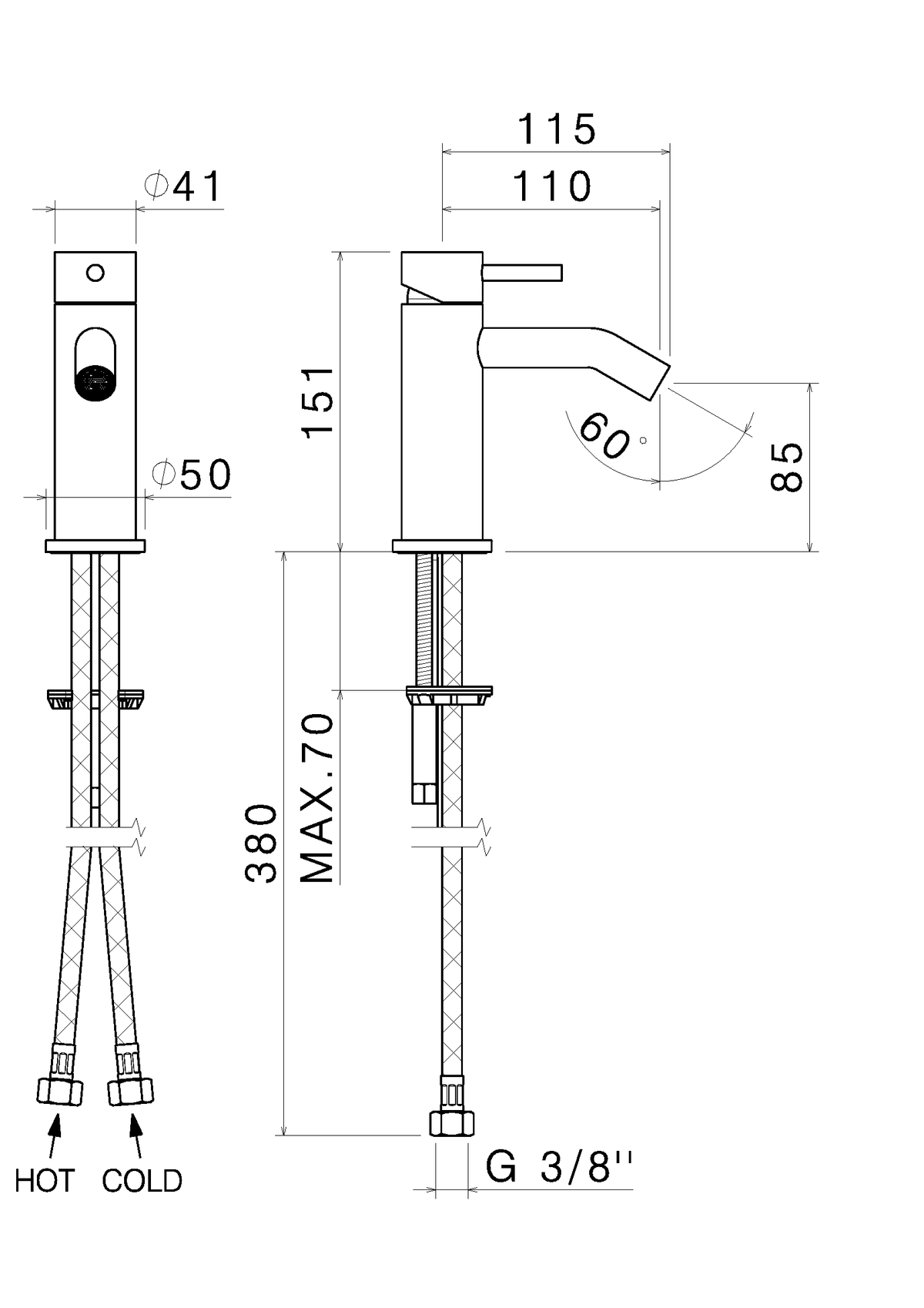 Disegno tecnico Vema V17071 - Miscelatore bidet Tiber Steel senza scarico