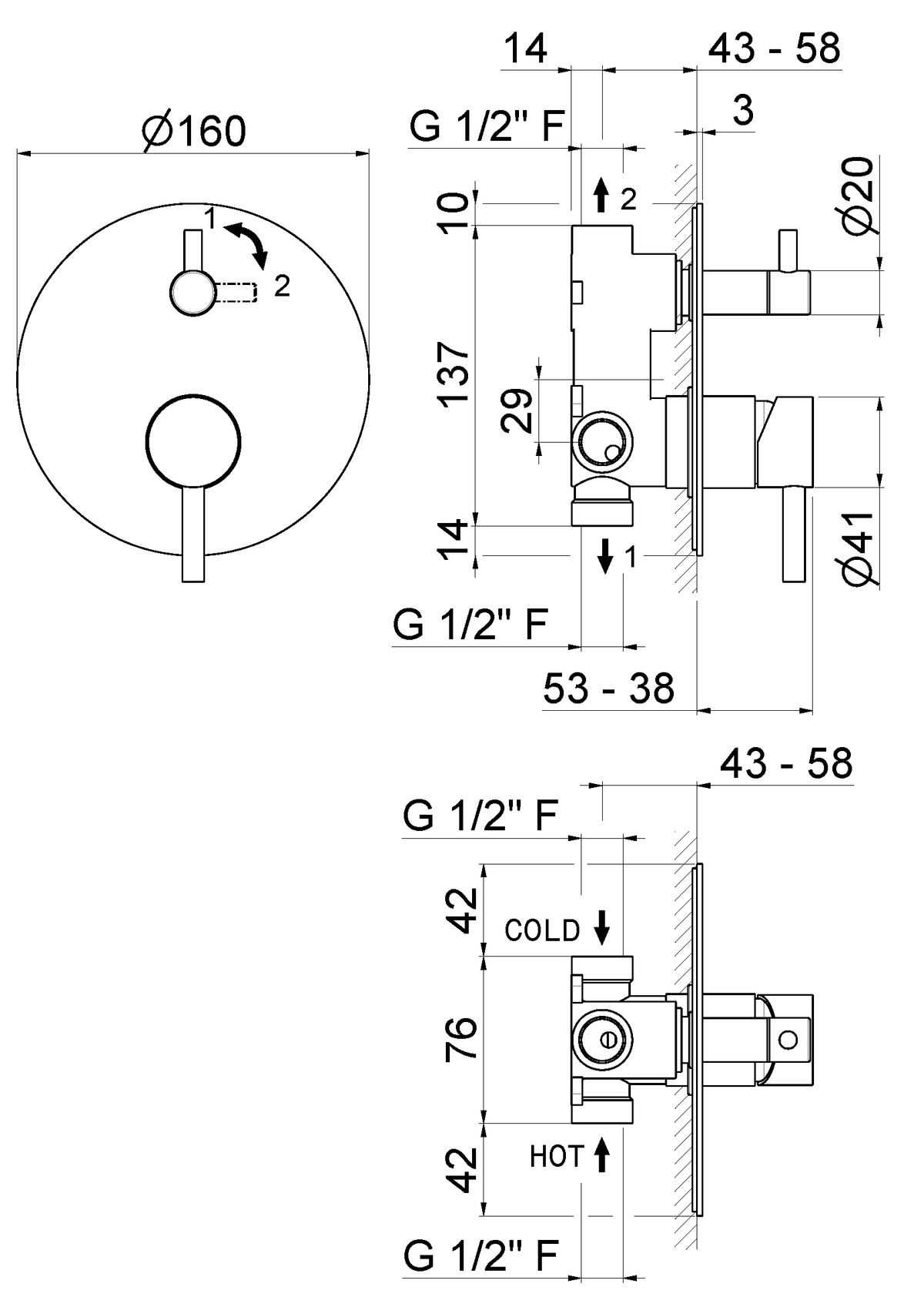 Disegno tecnico Vema V17142 - Miscelatore vasca da incasso