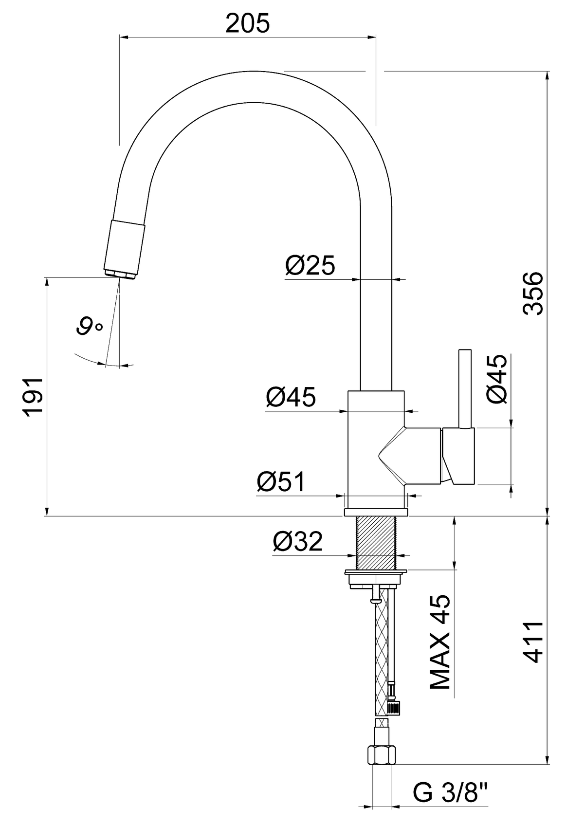 Disegno tecnico Vema V18023 - Miscelatore cucina Tiber Steel Kitchen con doccetta estraibile