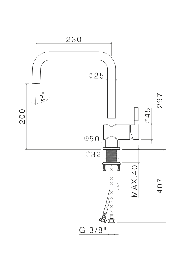 Disegno tecnico Vema V19020 - Miscelatore cucina Tiber Steel Kitchen