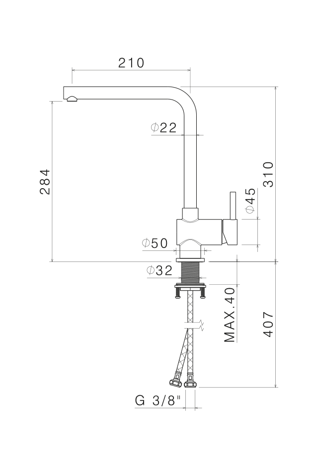 Disegno tecnico Vema V19022 - Miscelatore cucina Tiber Steel Kitchen