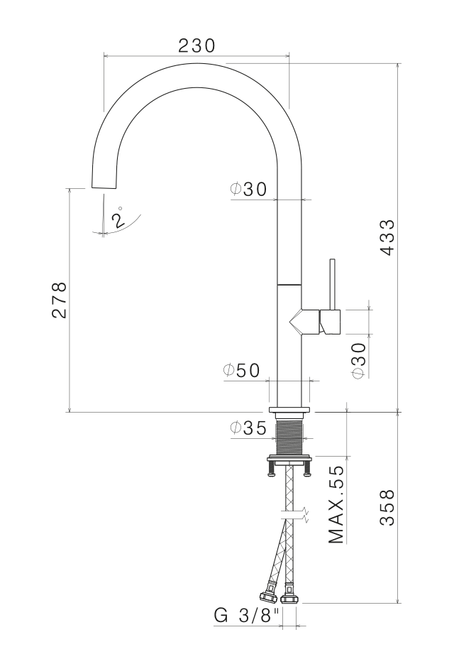 Disegno tecnico Vema V20020 - Miscelatore cucina Tiber Steel Kitchen