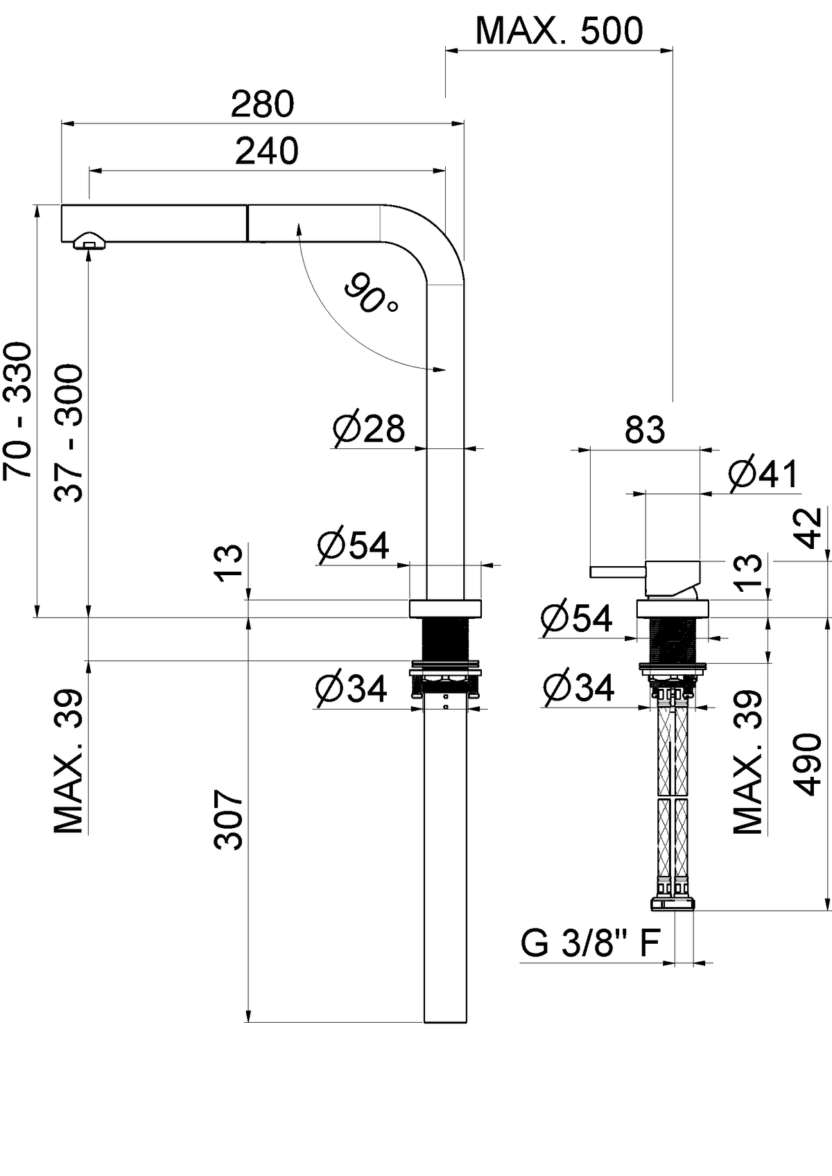 Disegno tecnico Vema V20026 - Miscelatore cucina Reka con doccetta estraibile