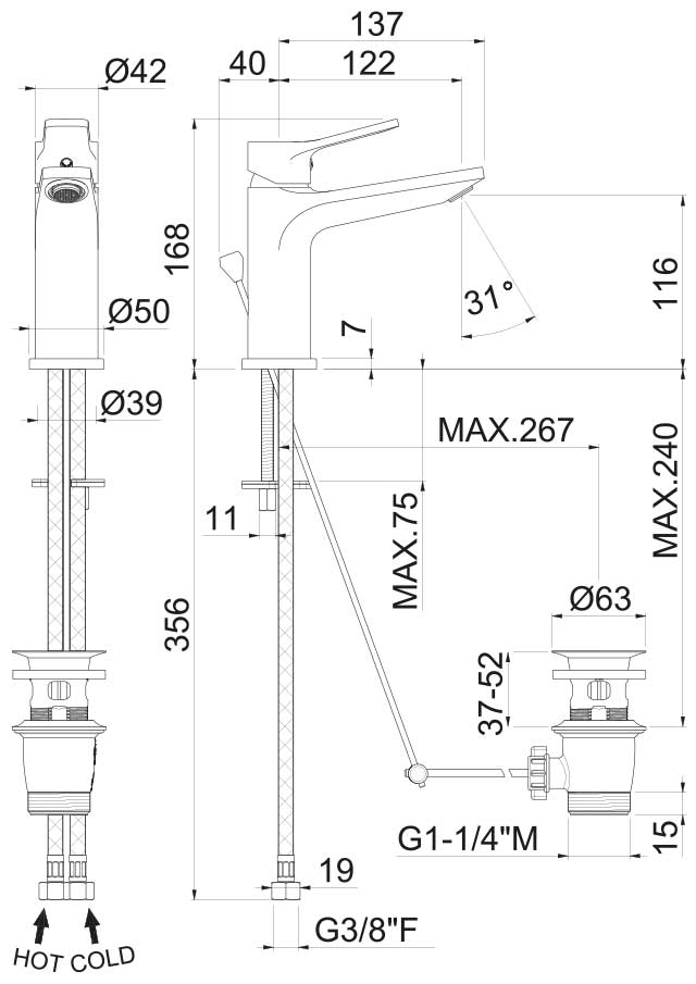 Disegno tecnico Vema V22010 - Miscelatore lavabo Paranà con scarico