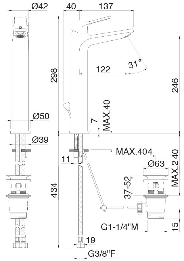Disegno tecnico Vema V22020 - Miscelatore lavabo Paranà alto con scarico