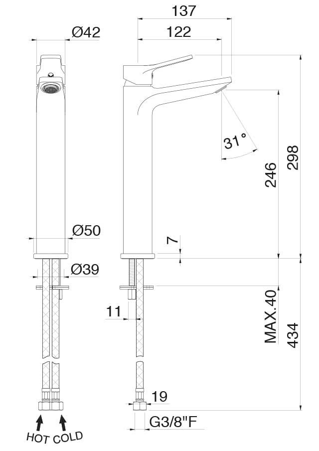 Disegno tecnico Vema V22021 - Miscelatore lavabo Paranà alto senza scarico