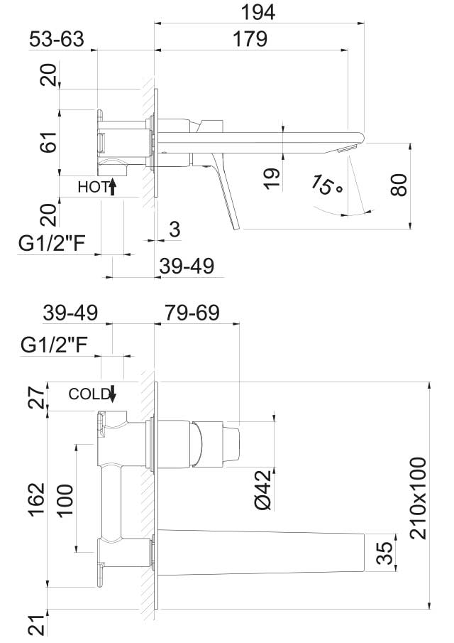 Disegno tecnico Vema V22050 - Miscelatore lavabo Paranà a parete senza scarico 180 mm