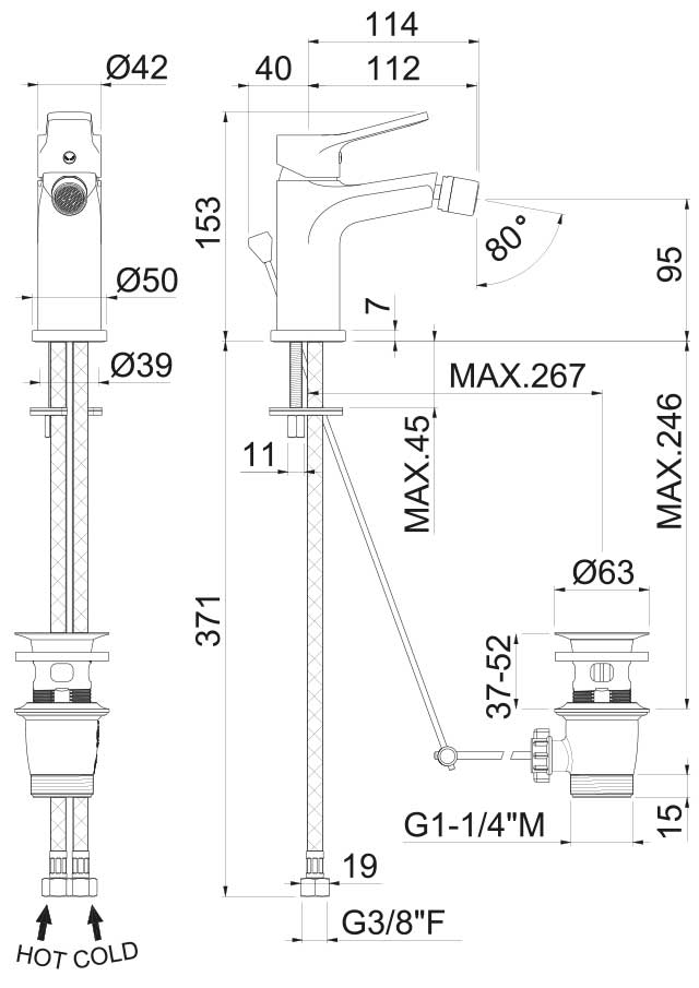 Disegno tecnico Vema V22070 - Miscelatore bidet Paranà con scarico