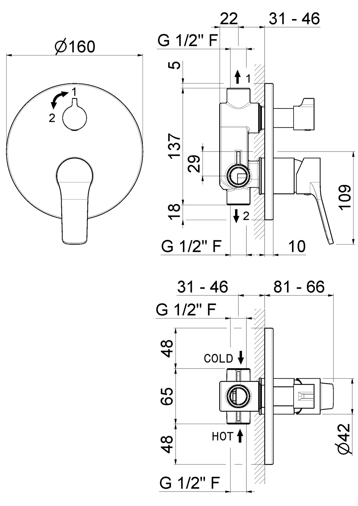Disegno tecnico Vema V22142 - Miscelatore vasca Paranà da incasso