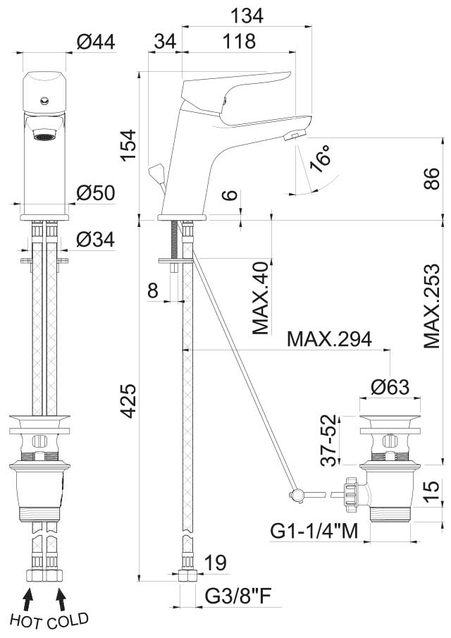 Disegno tecnico Vema V24010 - Miscelatore lavabo Indo con scarico