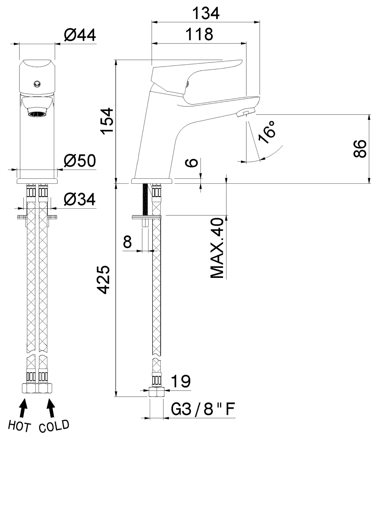 Disegno tecnico Vema V24011 - Miscelatore lavabo Indo senza scarico