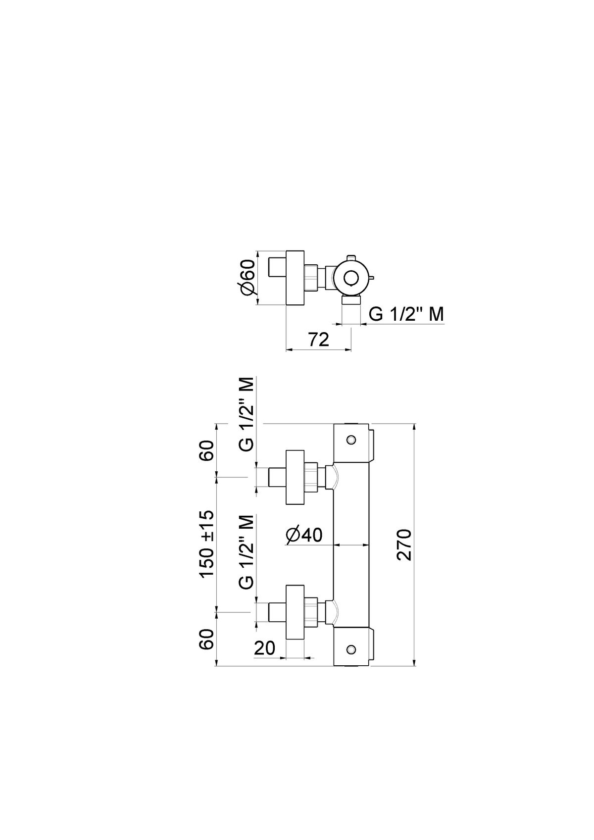 Disegno tecnico Vema V24092 - Miscelatore termostatico doccia Wellness Brass esterno