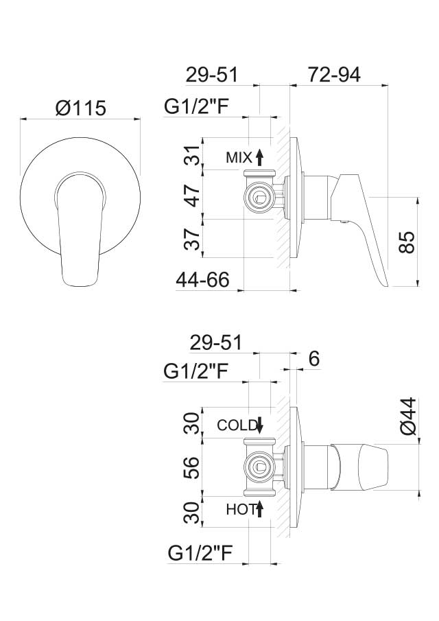 Disegno tecnico Vema V24130 - Miscelatore doccia Indo da incasso