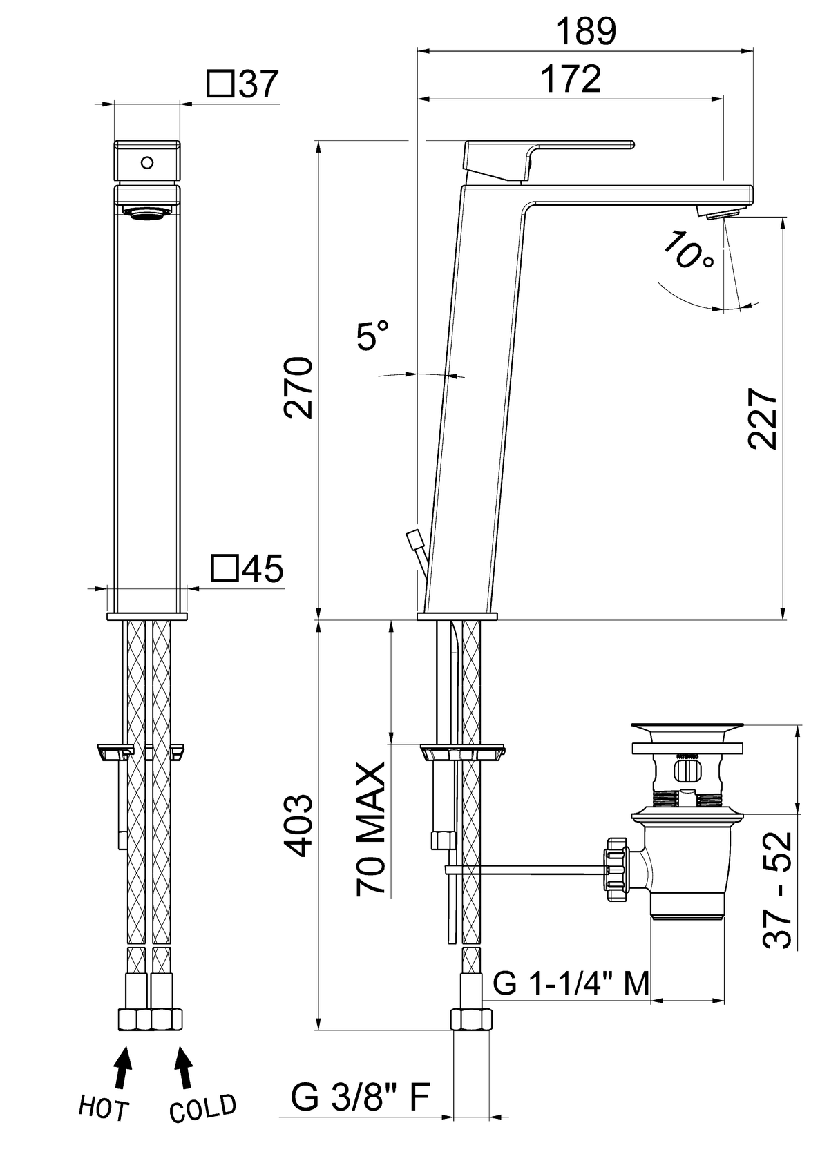Disegno tecnico Vema V25020 - Miscelatore lavabo Lys alto con scarico