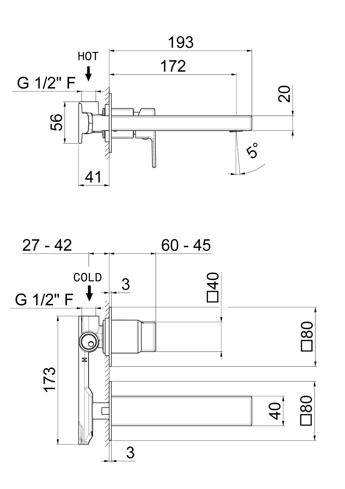 Disegno tecnico Vema V25050 - Miscelatore lavabo Lys a parete senza scarico 172 mm