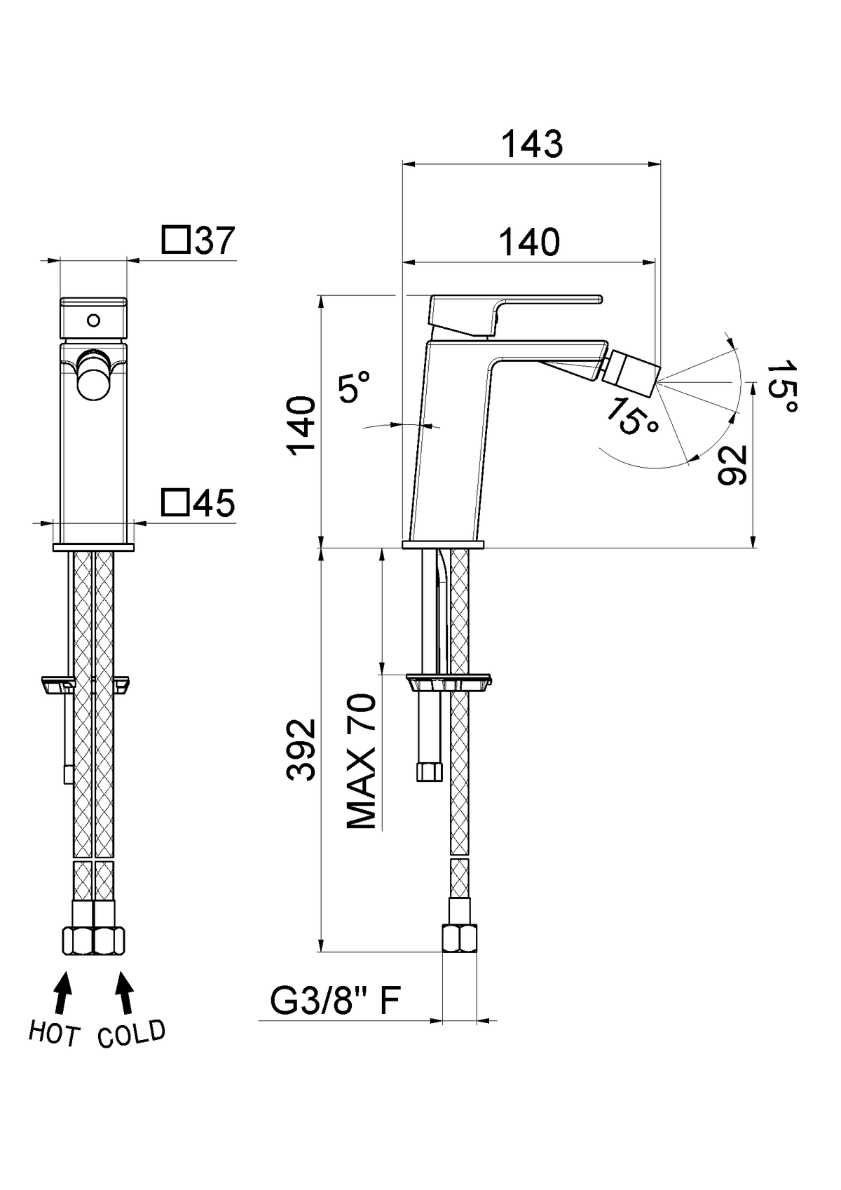 Disegno tecnico Vema V25071 - Miscelatore bidet Lys senza scarico