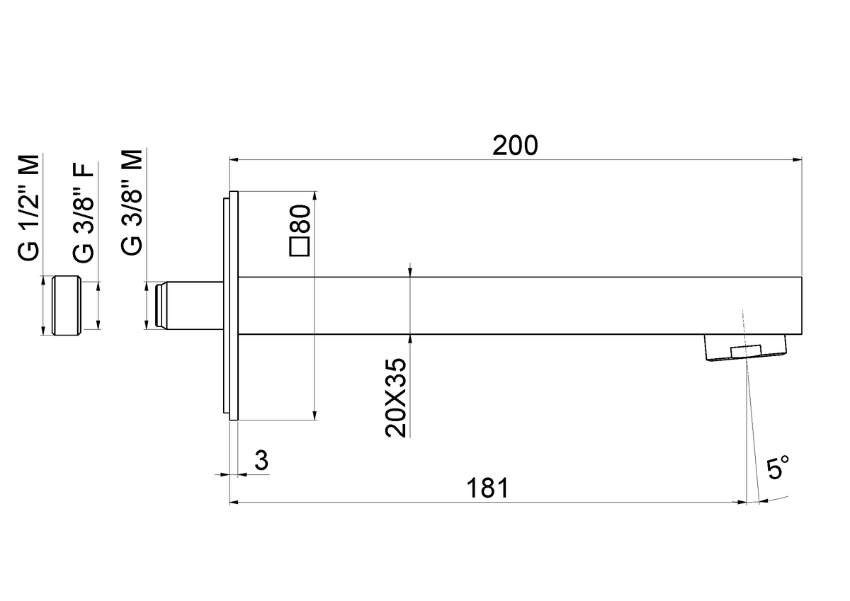 Disegno tecnico Vema V25145 - Miscelatore vasca Lys a parete da incasso 180 mm