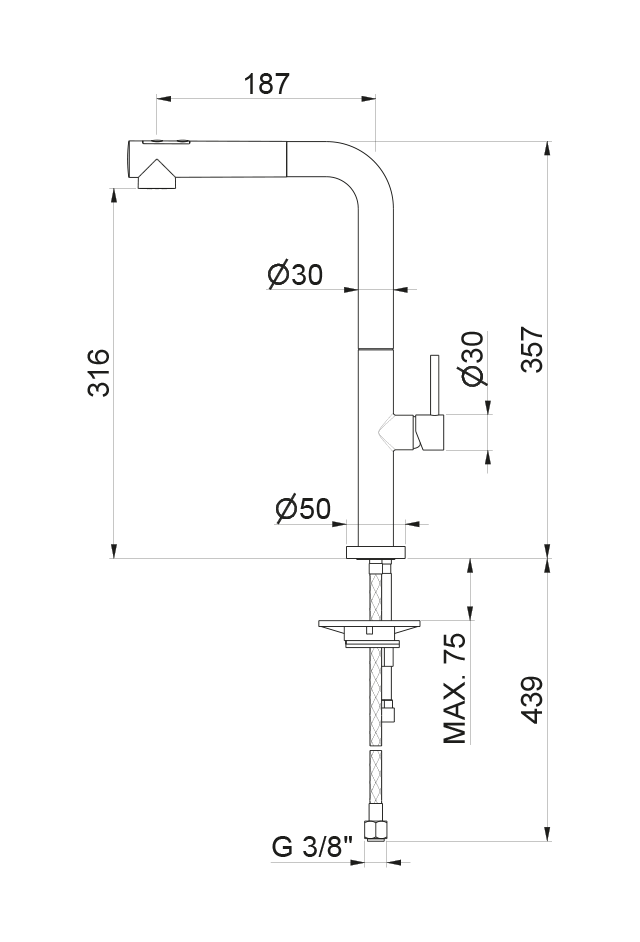 Disegno tecnico Vema V26025 - Miscelatore cucina Mosa con doccetta estraibile