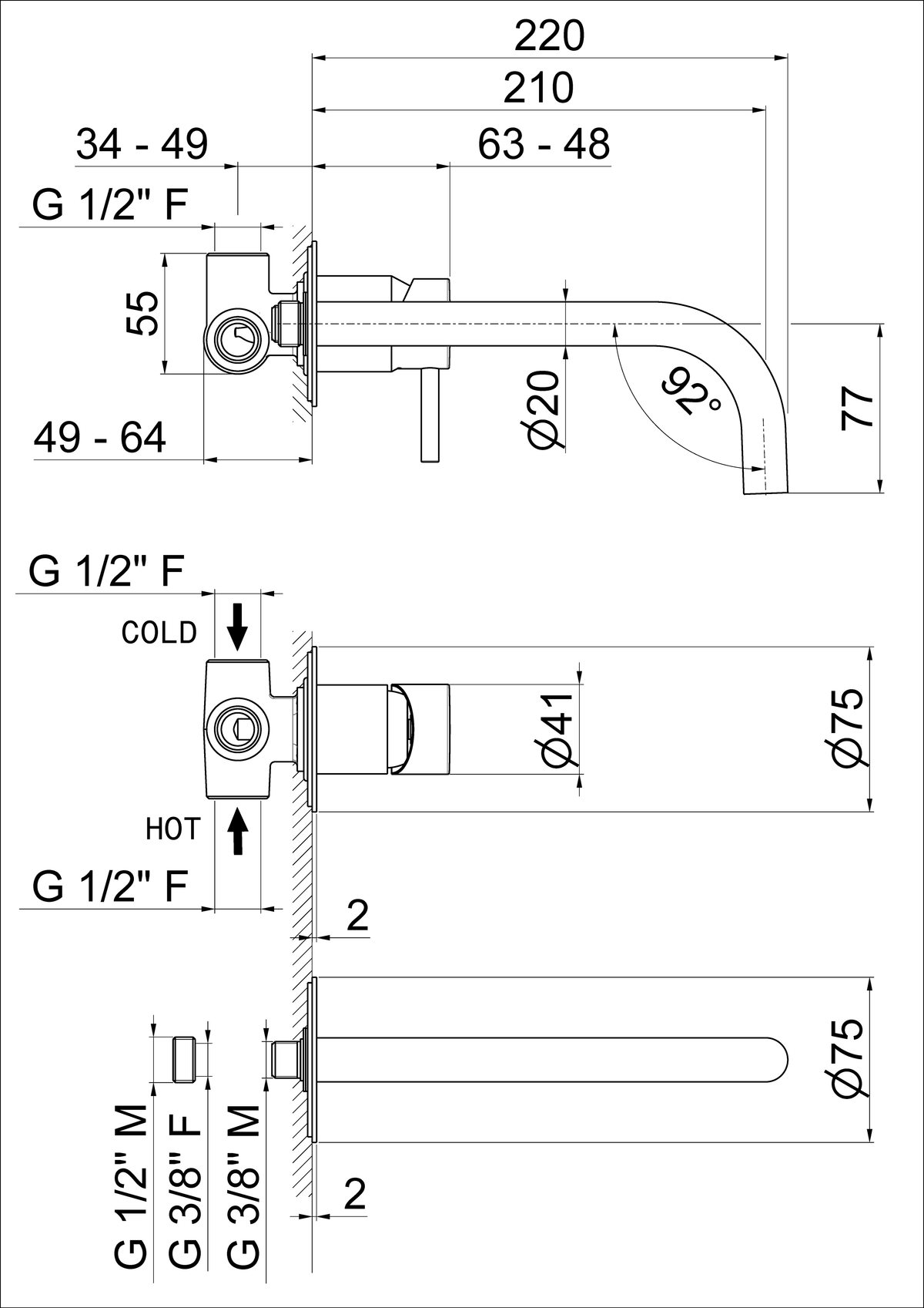 Disegno tecnico Vema V27050 - Miscelatore lavabo Maira a parete senza scarico 210 mm