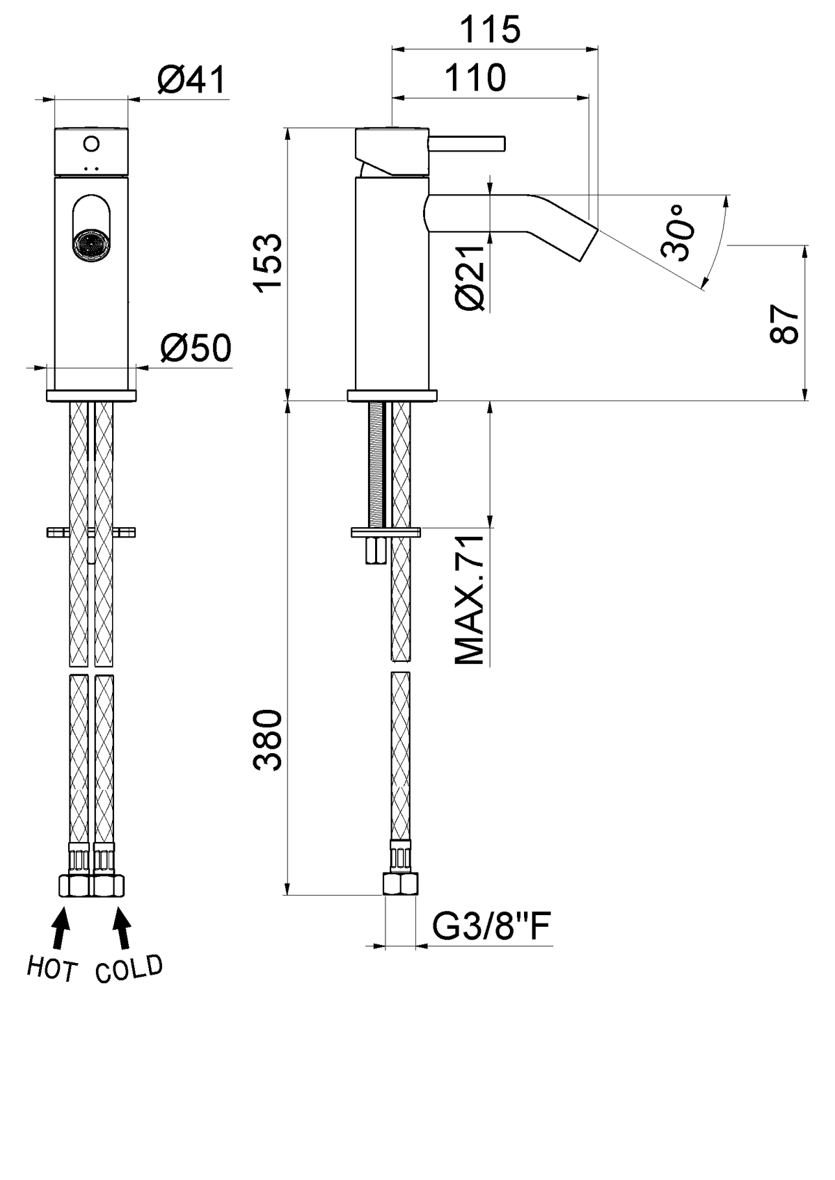 Disegno tecnico Vema V27071 - Miscelatore bidet Maira senza scarico