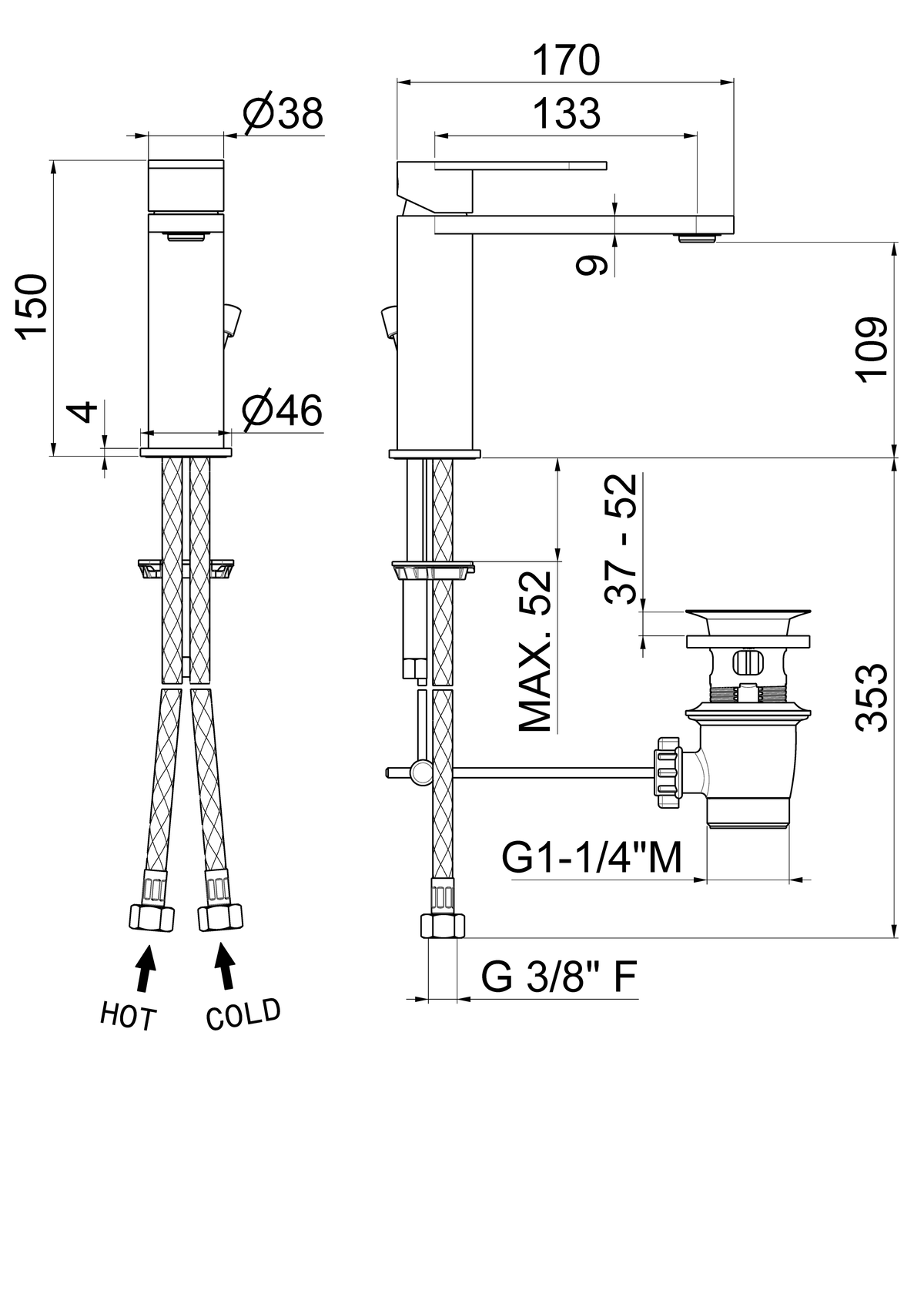 Disegno tecnico Vema V28010 - Miscelatore lavabo Ayas Steel con scarico