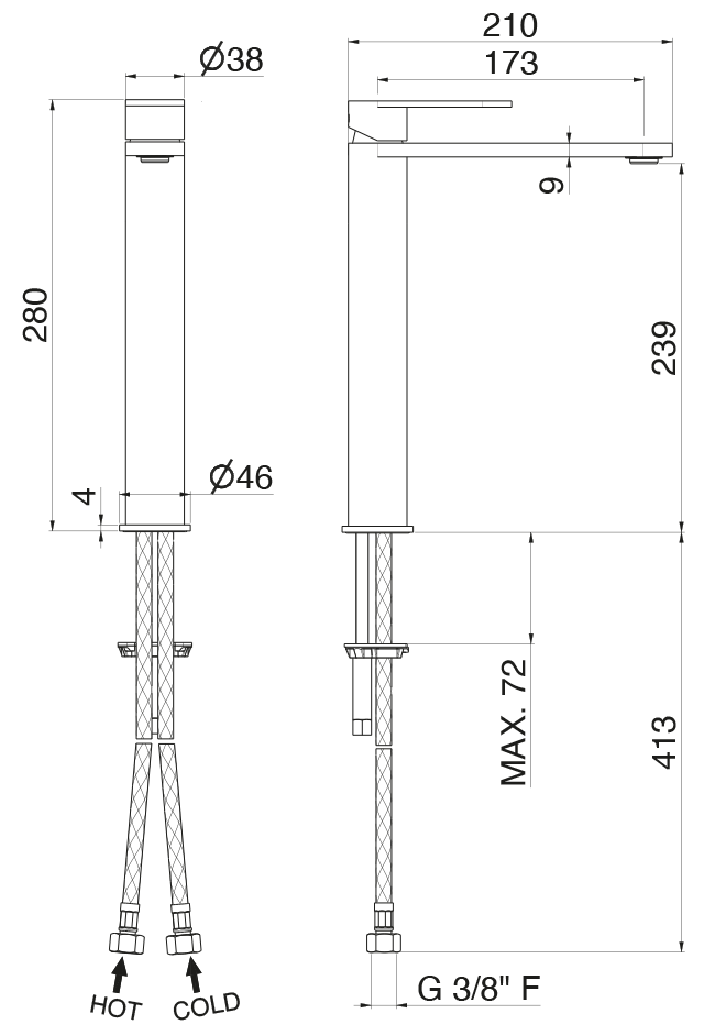 Disegno tecnico Vema V28021 - Miscelatore lavabo Ayas Steel alto senza scarico