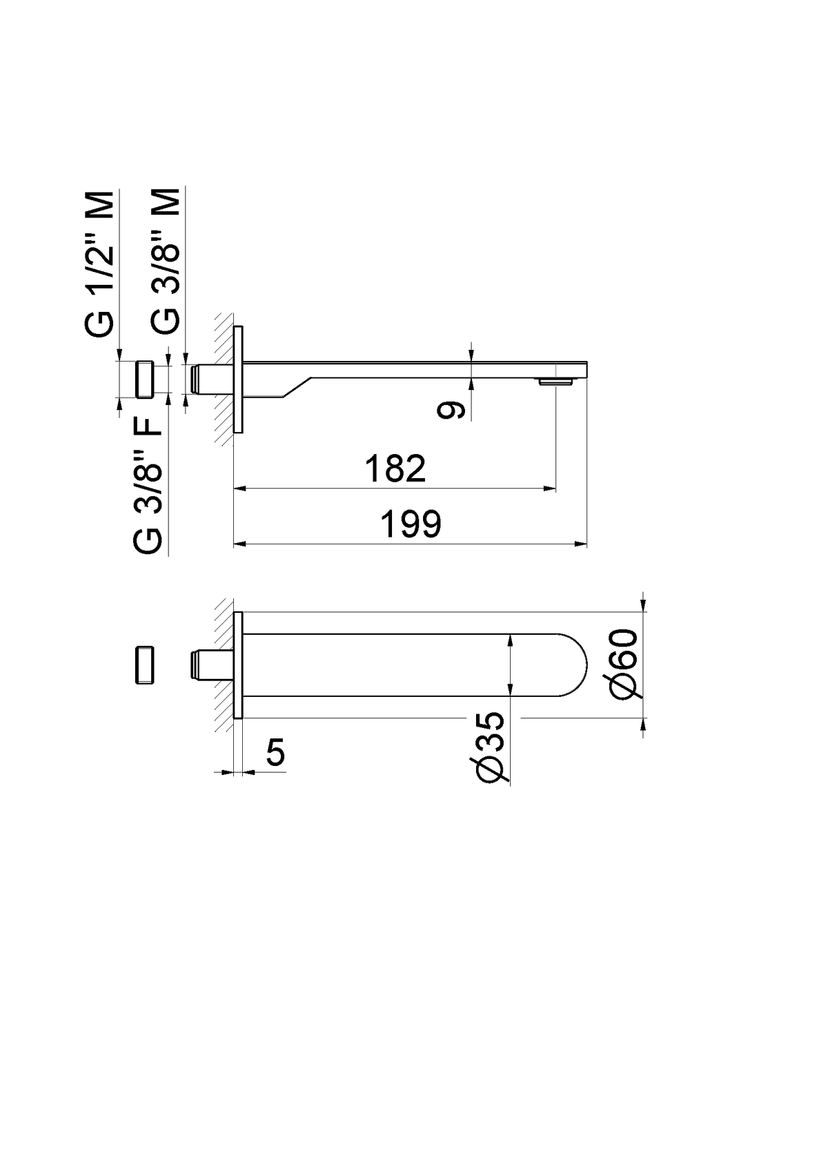 Disegno tecnico Vema V28055 - Bocca erogazione a parete 182 mm