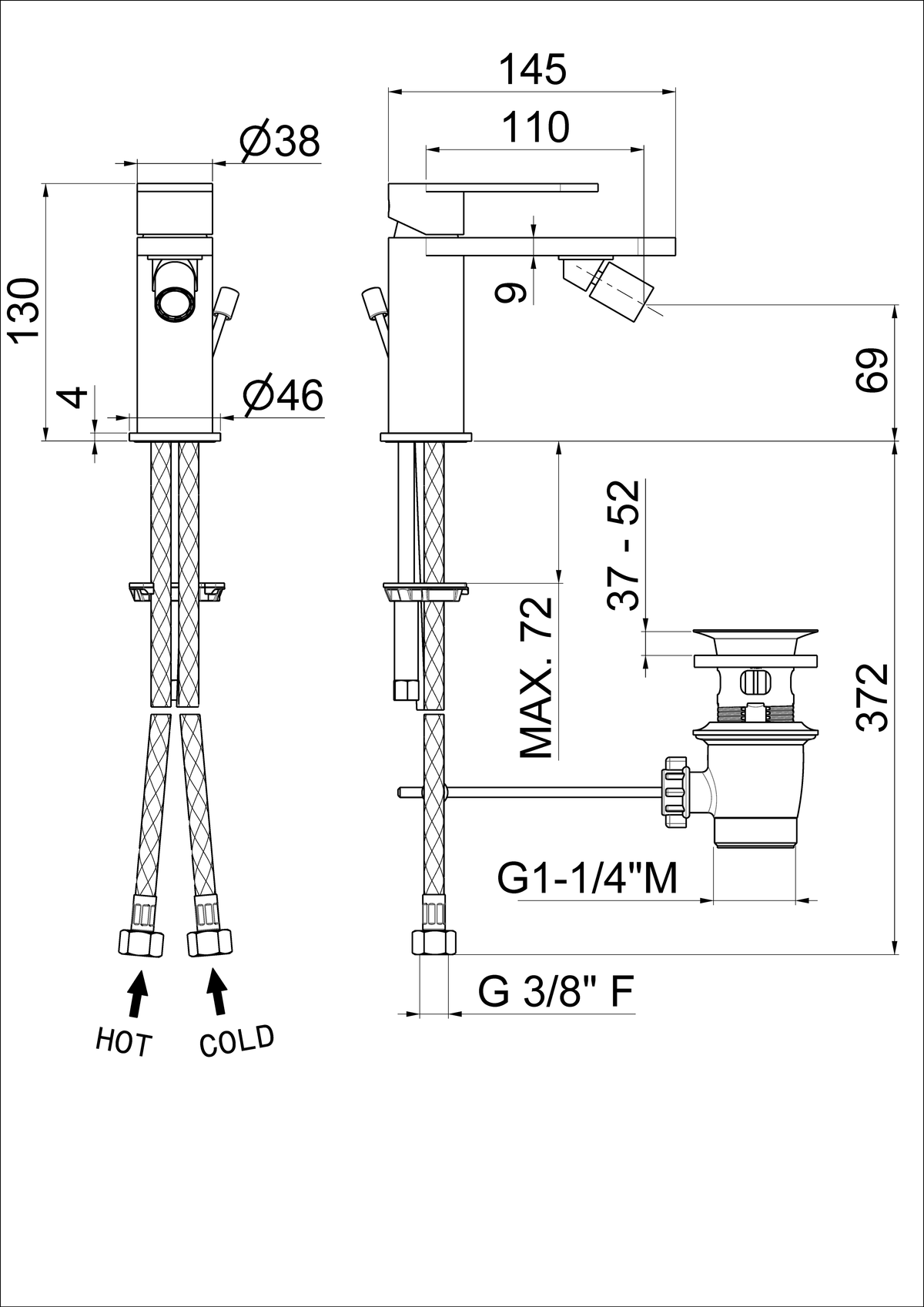 Disegno tecnico Vema V28070 - Miscelatore bidet Ayas Steel con scarico