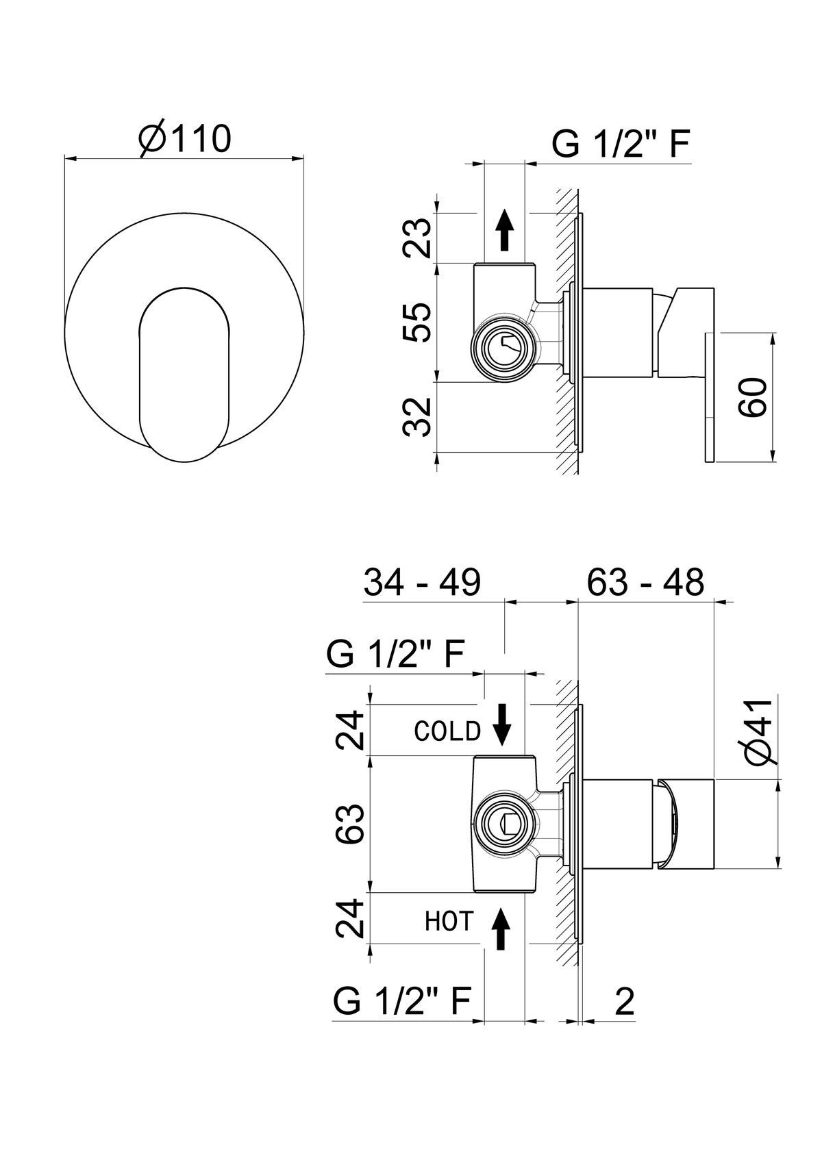 Disegno tecnico Vema V28130 - Miscelatore doccia Ayas Steel da incasso