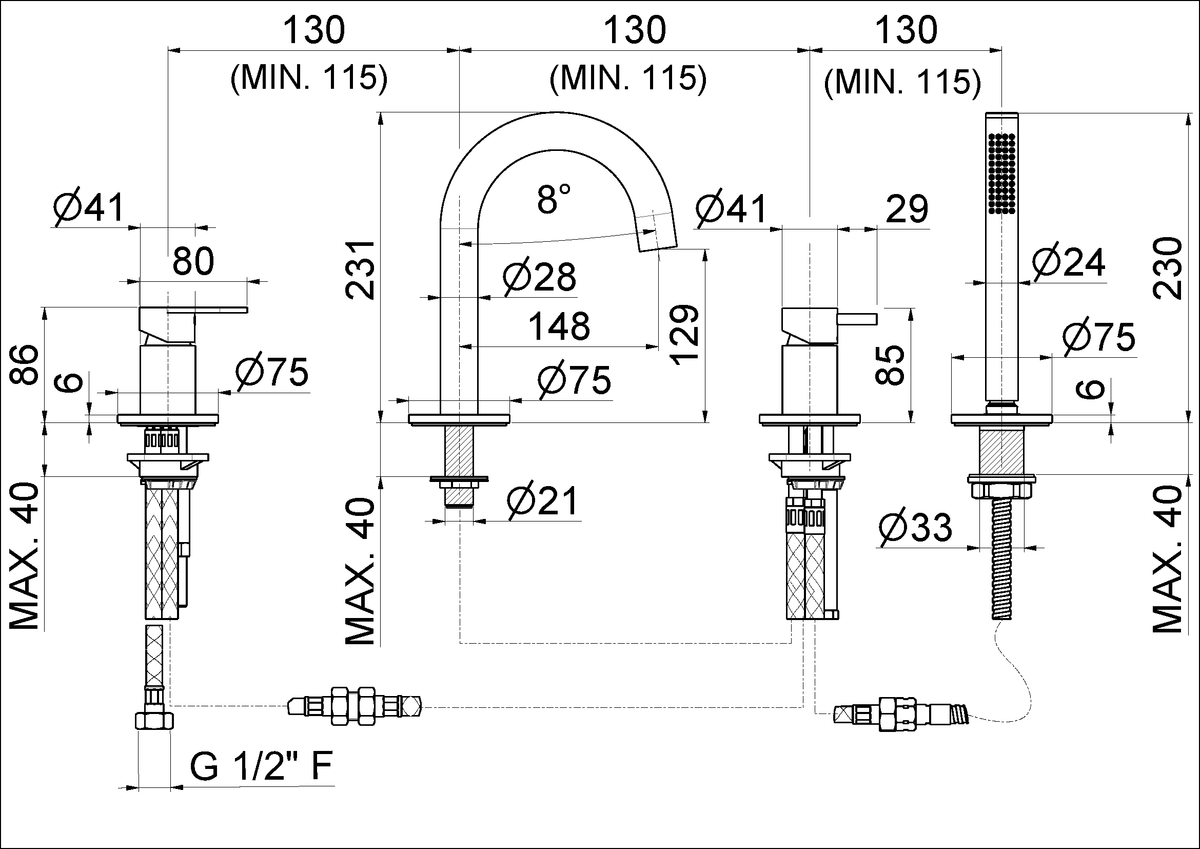 Disegno tecnico Vema V28150 - Miscelatore vasca Ayas Steel