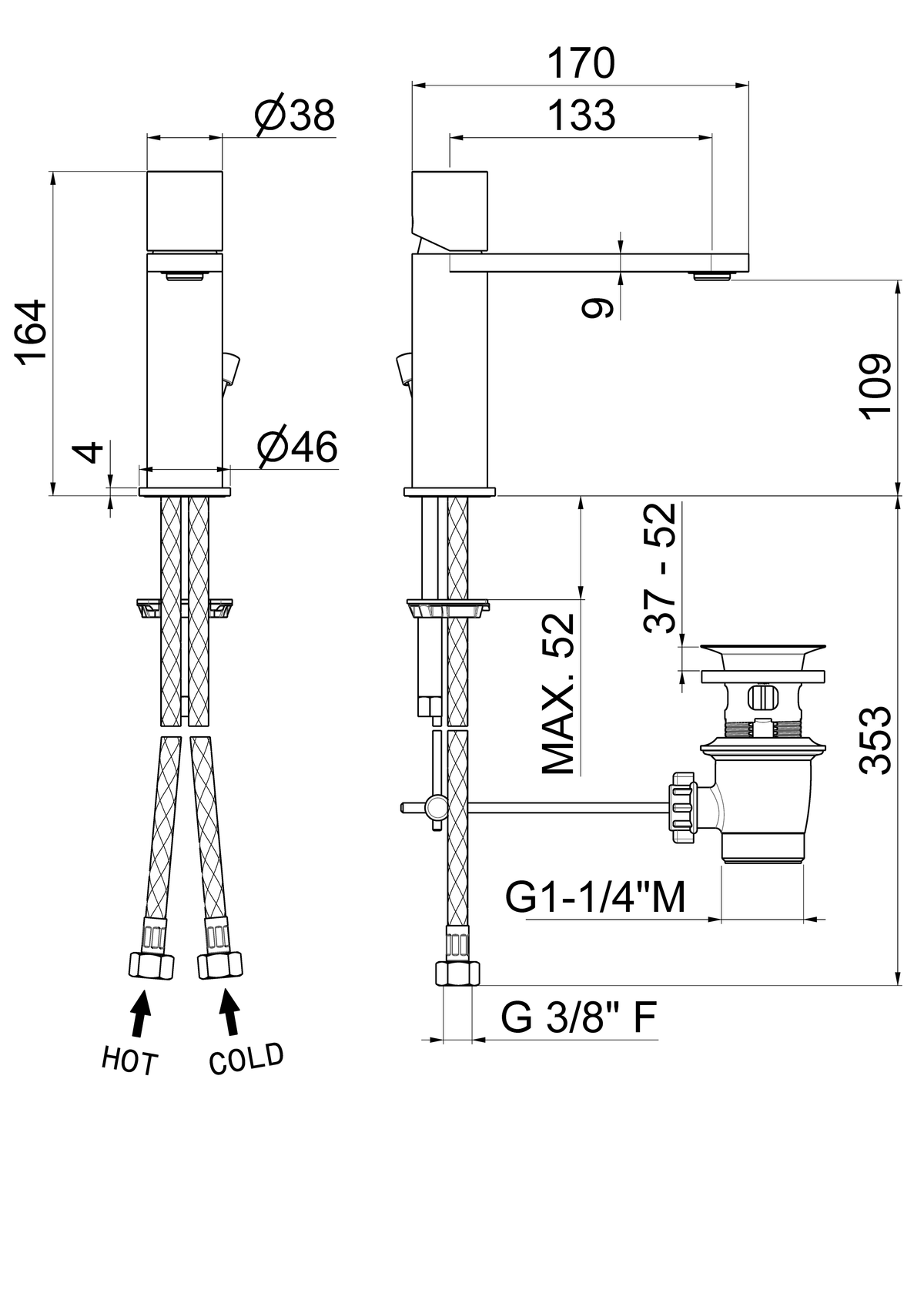 Disegno tecnico Vema V29010 - Miscelatore lavabo Veny Steel con scarico