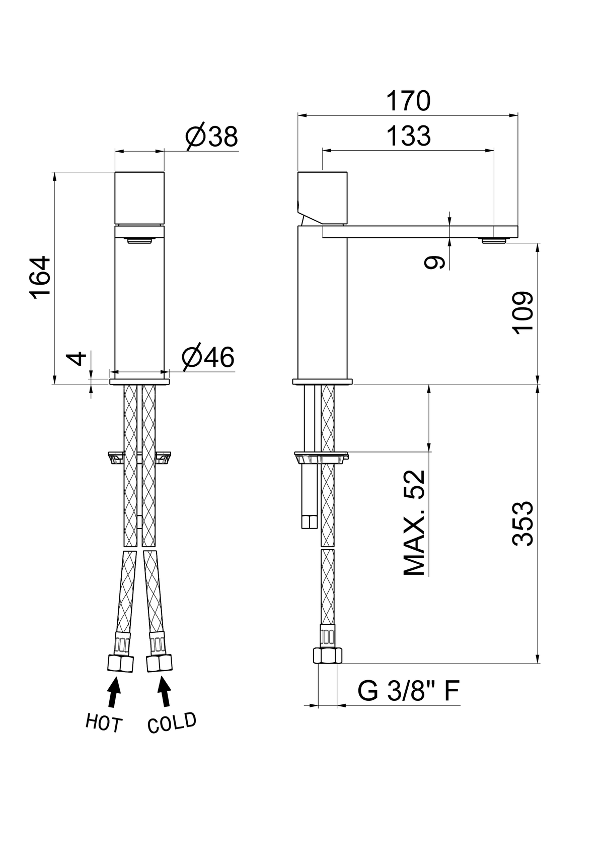 Disegno tecnico Vema V29011 - Miscelatore lavabo Veny Steel senza scarico