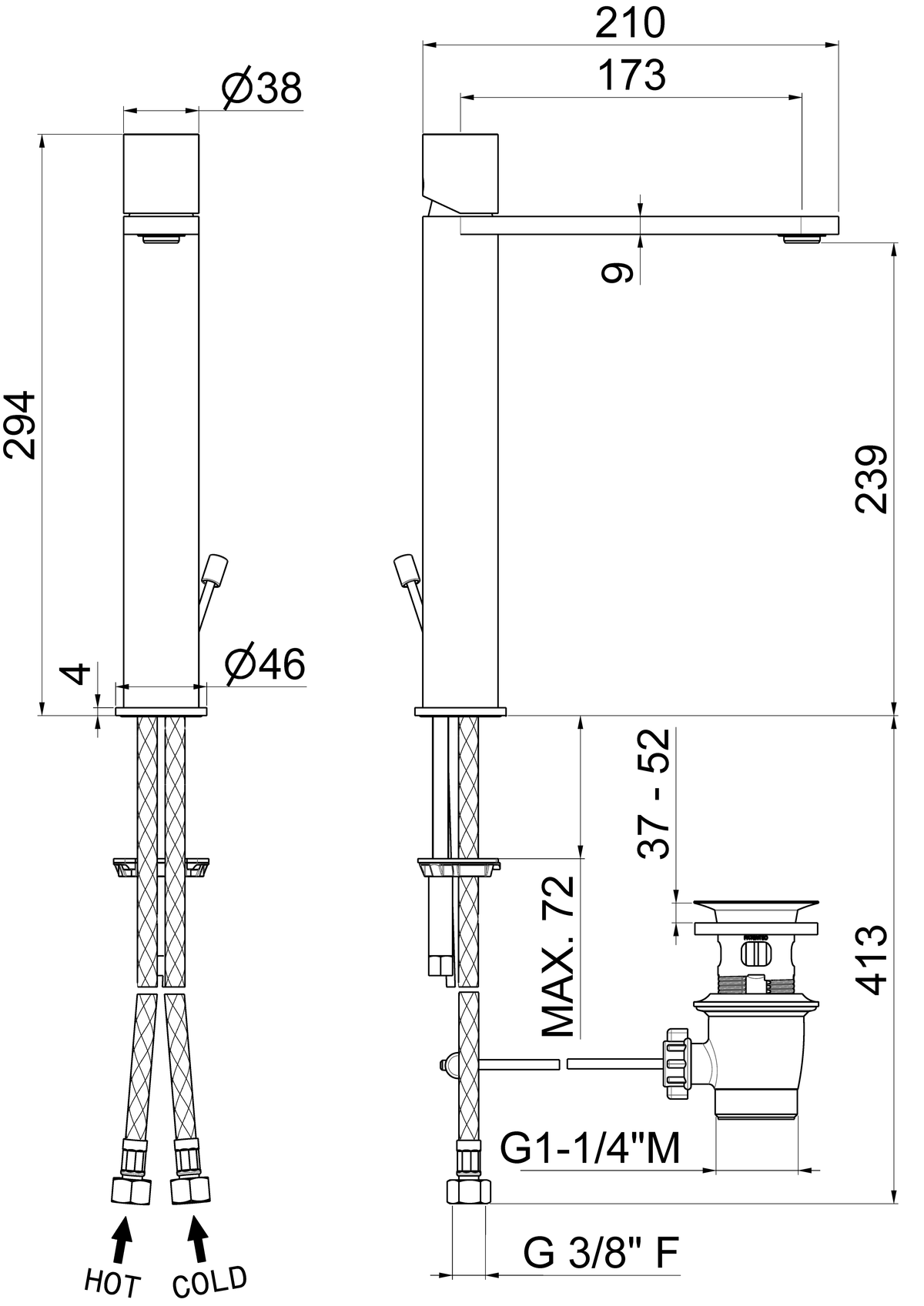 Disegno tecnico Vema V29020 - Miscelatore lavabo Veny Steel alto con scarico