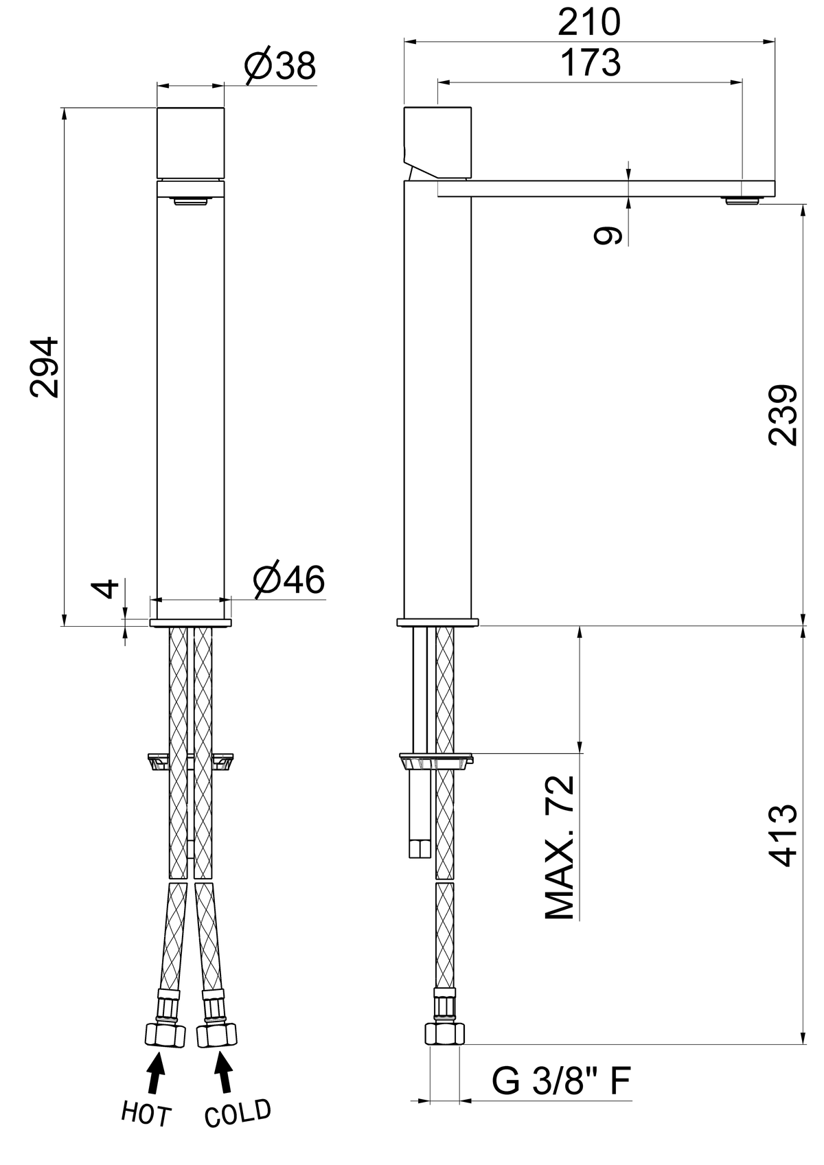 Disegno tecnico Vema V29021 - Miscelatore lavabo Veny Steel alto senza scarico