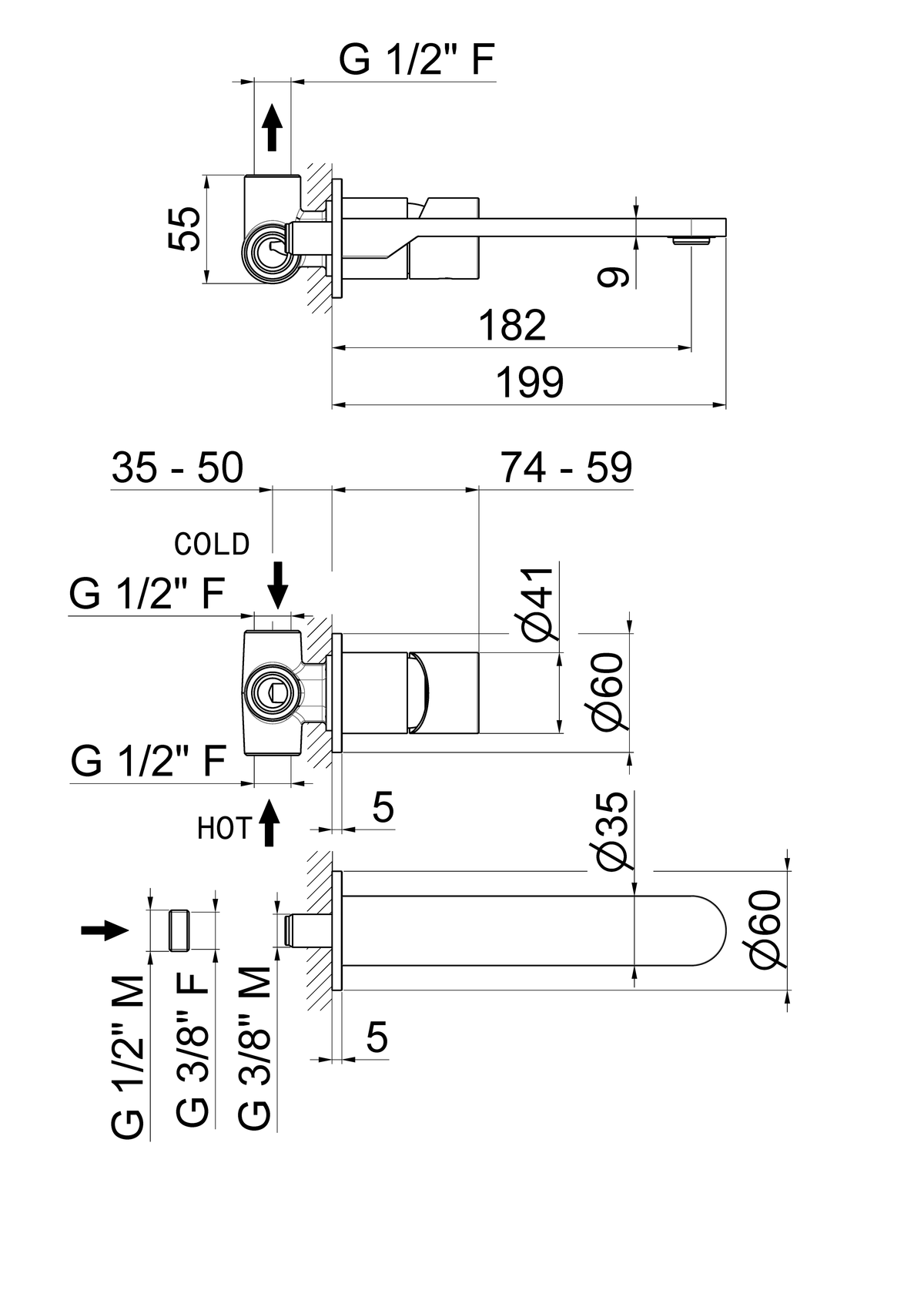 Disegno tecnico Vema V29050 - Miscelatore lavabo Veny Steel a parete senza scarico 182 mm