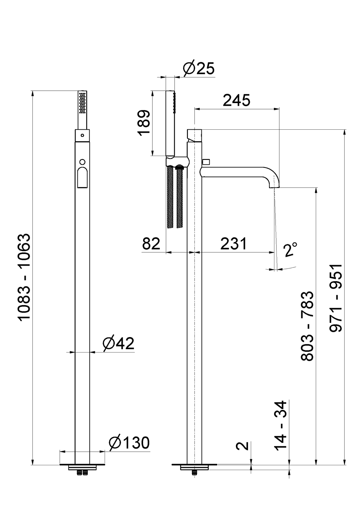 Disegno tecnico Vema V29195 - Miscelatore vasca Veny Steel a pavimento