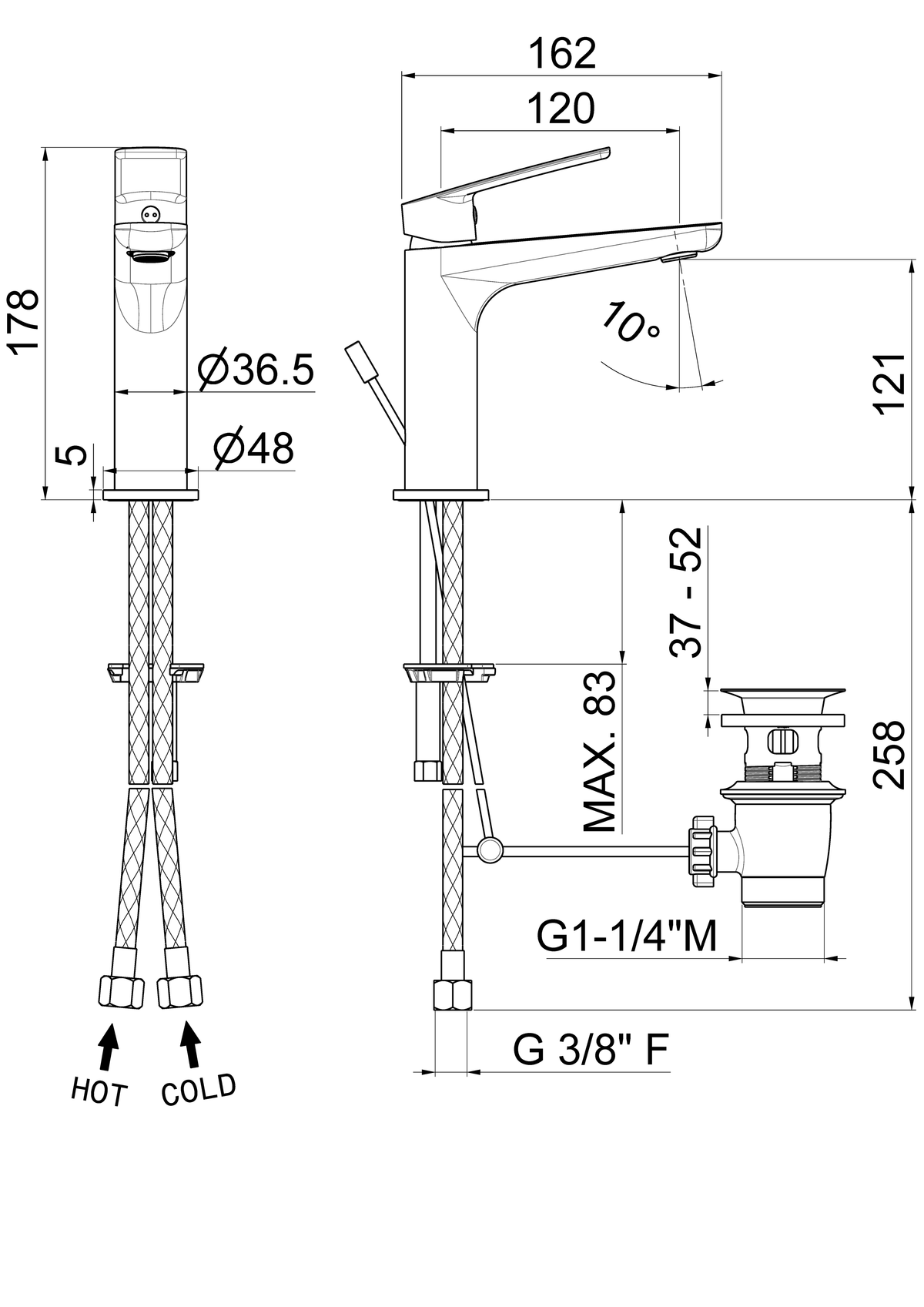 Disegno tecnico Vema V30010 - Miscelatore lavabo Oten con scarico