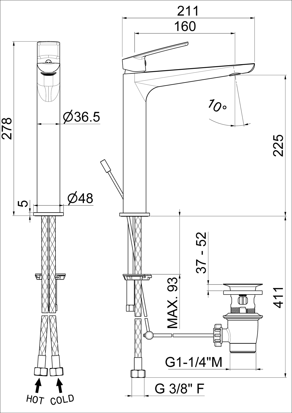 Disegno tecnico Vema V30020 - Miscelatore lavabo Oten alto con scarico