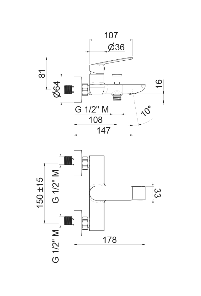 Disegno tecnico Vema V30080 - Miscelatore vasca Oten esterno