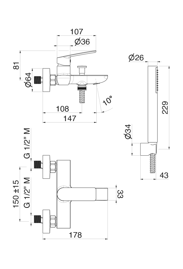 Disegno tecnico Vema V30081 - Supporto doccetta Oten esterno
