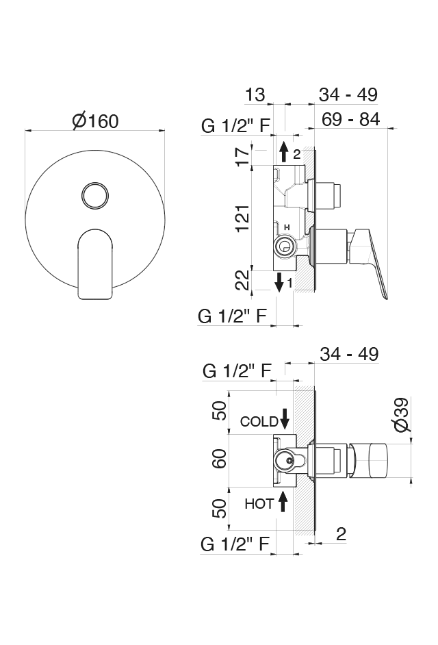 Disegno tecnico Vema V30140 - Miscelatore vasca Oten da incasso