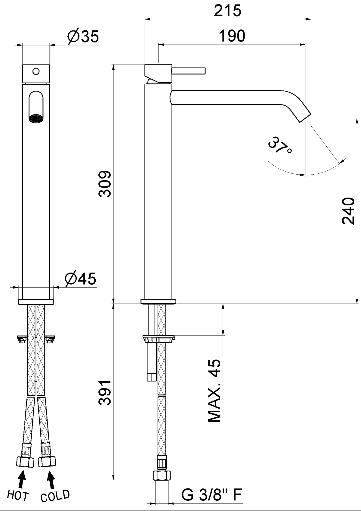 Disegno tecnico Vema V32021 - Miscelatore lavabo Otago alto senza scarico