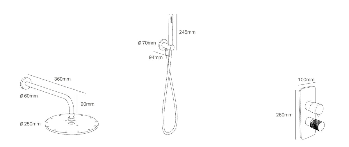 Disegno tecnico PDF con quote - Versace Cannetè Set doccia con deviatore a 2 o 3 uscite - finitura non rappresentata