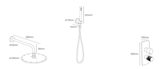 Disegno tecnico PDF con quote - Versace Cannetè Set doccia con deviatore a 2 o 3 uscite - finitura non rappresentata