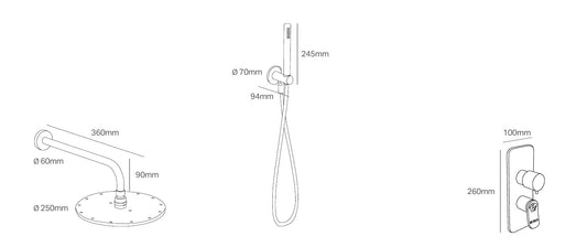 Disegno tecnico PDF con quote - Versace Curvy Set doccia con deviatore a 2 o 3 uscite - finitura non rappresentata